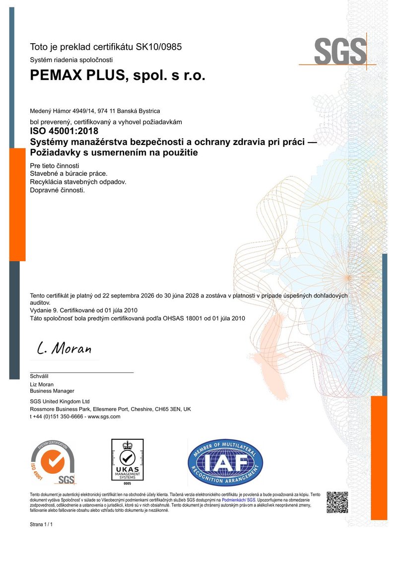 Certifikát ISO 45001:2018 pre bezpečnosť a ochranu zdravia pri práci, PEMAX PLUS